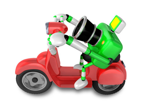 Green camera character the right motorbike driving. Create 3D Camera Robot Series.