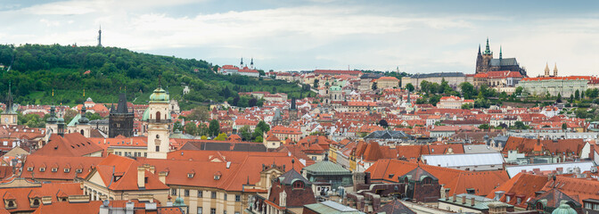 Prague view from above in  daytime with cloudy blue sky, Panorama