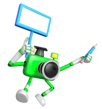 The left hand Holding the board Doctor Green Camera Character. The right hand grasp pencil. Create 3D Camera Robot Series.