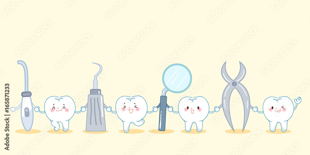 Poster cute cartoon tooth with tool