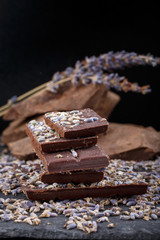 Dark chocolate bar with dried lavender flowers