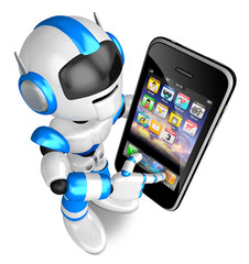 Blue Robot Character Big smartphone a touch. Create 3D Humanoid Robot Series.