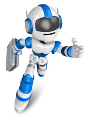 Blue robot character holding a briefcase is going to front Running. Create 3D Humanoid Robot Series.
