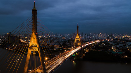 Fototapeta na wymiar Rama 9 Bridge in Thailand. The landmark. The symbol is the symbol of the king of Thailand. Bird eye view