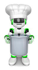 Green robot Character is holding a saucepan with both hands. Create 3D Humanoid Robot Series.