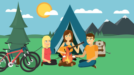 Camping Lagerfeuer mit Spaß und Musik Flat Design Vektor Grafik Illustration