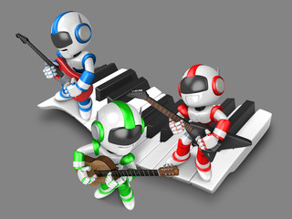 Playing the guitar is a blue robot with red robot and green robot. 3D Robot Character Design