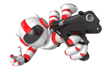 Red 3D robot jumping holding an automatic pistol. Create 3D Humanoid Robot Series.