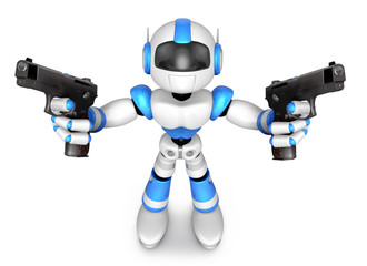 3D Blue Robot Mascot holding a Automatic pistol with both hands. Create 3D Humanoid Robot Series.