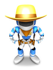 3D blue Robot Sheriff is taking pose a gunfight. Create 3D Humanoid Robot Series.