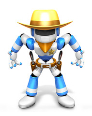 3D blue Robot Sheriff is taking pose a gunfight. Create 3D Humanoid Robot Series.