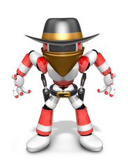 3D Red Robot villain is taking pose a gunfight. Create 3D Humanoid Robot Series.
