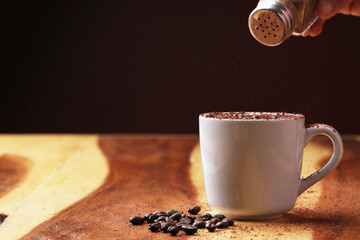 hot coffee on wood floor , mocha