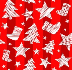 Christmas background, sock, star, tree, seamless, red, vector. White Christmas trees, socks and stars are drawn with a diagonal bar on a red striped background. 