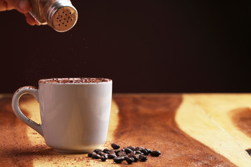 hot coffee on wood floor , mocha