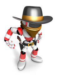 3D Red Robot villain is taking pose a gunfight. Create 3D Humanoid Robot Series.