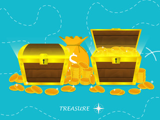 wooden treasure chest gold coin sack,treasure map vector