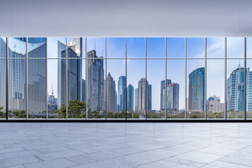 Fototapeta na wymiar Panoramic skyline and buildings from glass window