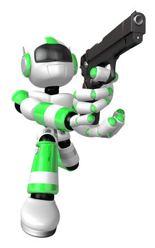 3D Green Robot fire an aimed shot a automatic pistol. Create 3D Humanoid Robot Series.