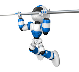 Blue Robot character is hanging in horizontal bar. Create 3D Humanoid Robot Series.