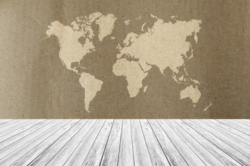 Cardboard paper texture, with white wood terrace and world map