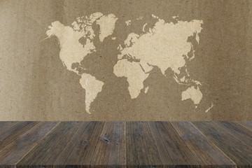Cardboard paper texture with wood terrace with world map