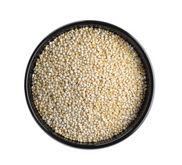 Quinoa in black bowl on white background