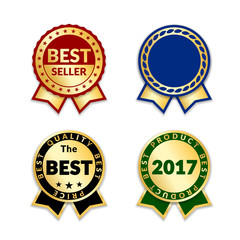 Ribbons award best seller set. Gold ribbon award icon isolated white background. Bestseller golden tag sale label, badge, medal, guarantee quality product, business certificate Vector illustration