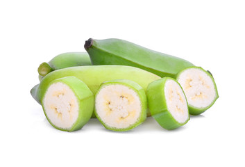 green raw cultivated banana with slice isolated on white background