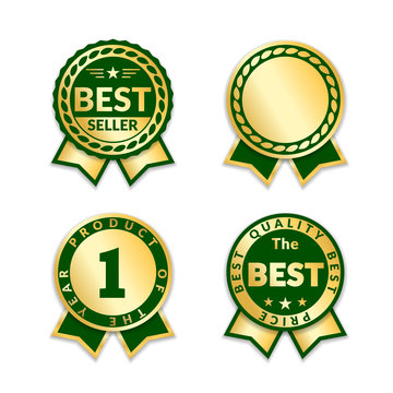 Ribbon awards best seller set. Gold ribbon award icons isolated white background. Bestseller golden tags sale label, badge, medal, guarantee quality product, certificate. Vector illustration