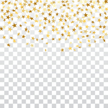 Gold stars falling confetti isolated on white transparent background. Golden abstract pattern Christmas card, New Year holiday. Shiny confetti star. Glitter explosion rain Vector illustration