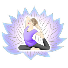 ヨガと紫の蓮の花のイラスト白背景