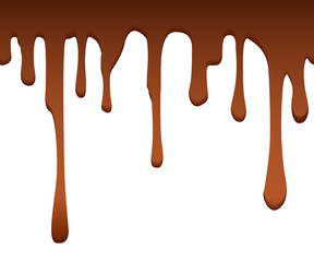 Melted brown chocolate flow down. Chocolate splashes. Sweet background. Vector stock.