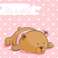 Fototapeta premium Greeting card with a bear cub on a pink background