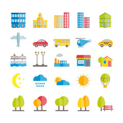 Set of vector flat city landscape elements icons/ Modern flat icons for web, print, mobile apps design