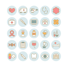 Collection of 25 vector linear medical icons. Flat icons for web design