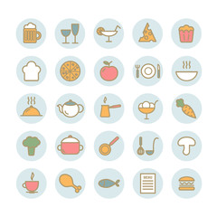 Fototapeta na wymiar Set of 25 food vector linear icons. Kitchen and restaurant flat icons. Icons for web, print, mobile apps design