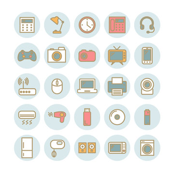 Set of vector thin linear icons. Household and office appliances