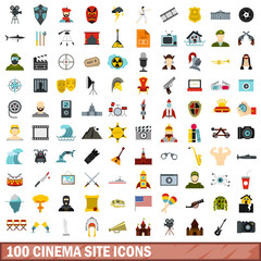 100 cinema site icons set, flat style