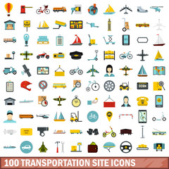 100 transportation site icons set, flat style 