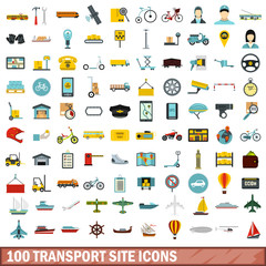 100 transport site icons set, flat style