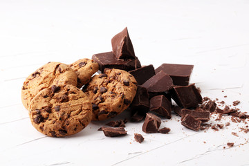 Chocolate cookies on white background. Chocolate chip cookies shot