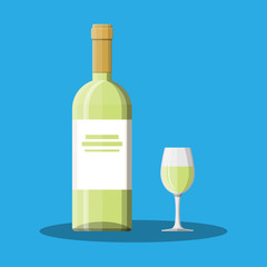 White wine bottle and glass. Wine alcohol drink.