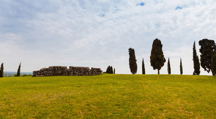 Cypress and stone wall, Fagagna