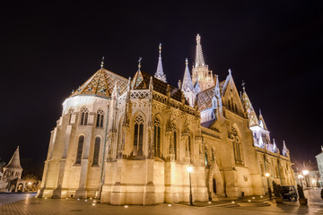 Night view of the Matthias Church in Budapest Hungary