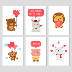 Cute Animal Valentine's Day Card Collection In White Background