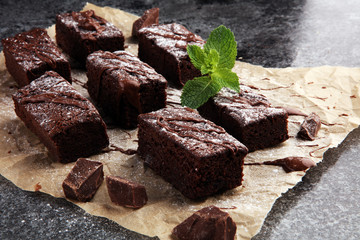 homemade chocolate brownies on grey vintage background, chocolate cake concept