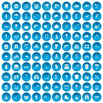 100 tackle icons set blue