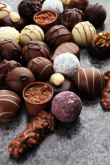 a lot of variety chocolate pralines, belgian confectionery gourm