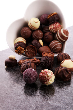 a lot of variety chocolate pralines, belgian confectionery gourm